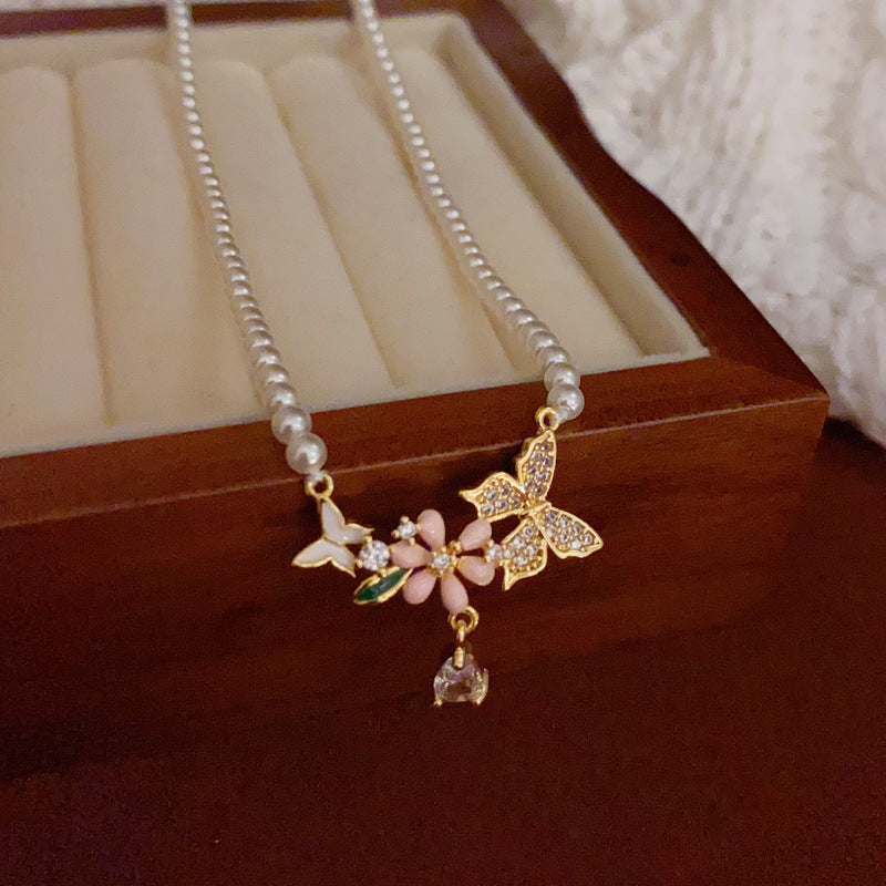 14K Gold Zircon Butterfly Pearl Pendant Necklace – Sweet & Elegant