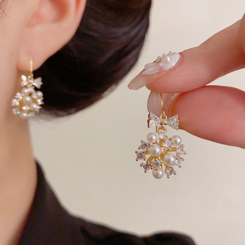 Luxury Bow Zircon Pearl Ball Drop Earrings – Elegant Design