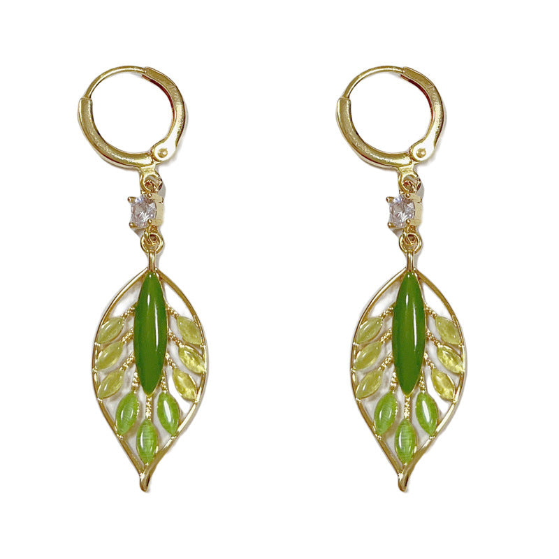 14K Gold-Plated Green Leaf Tassel Earrings – Elegant Minimalist Style