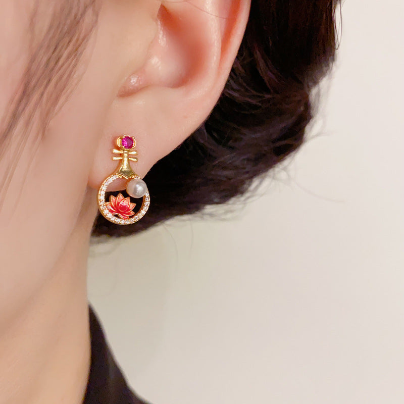 14K Gold Red Enamel Plum Blossom Pipa Stud Earrings – Oriental Design