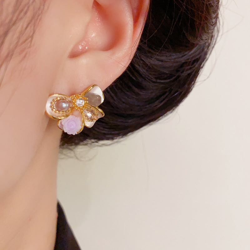 Luxury Handcrafted Flower, Pearl & Bow Stud Earrings – Elegant Design