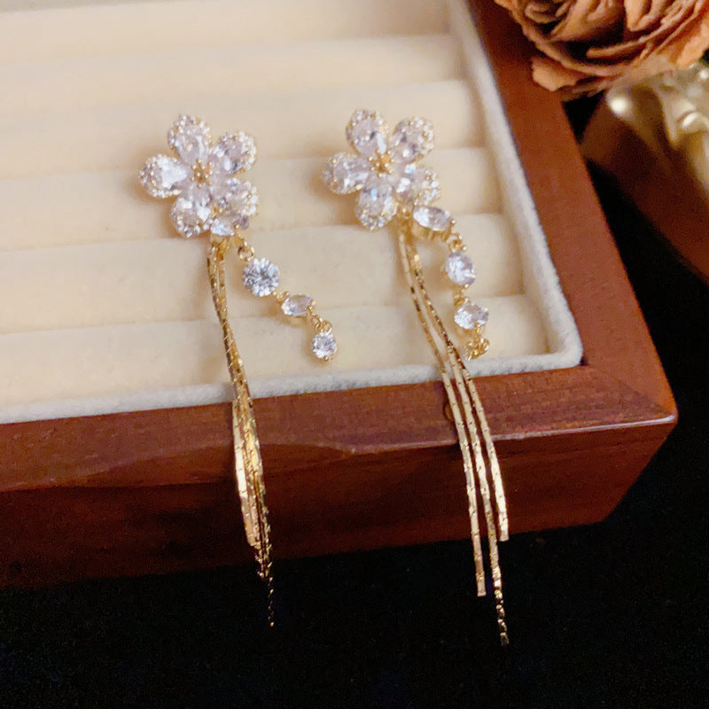 Luxury Zircon Flower Long Tassel Drop Gold Earrings – Floral Design