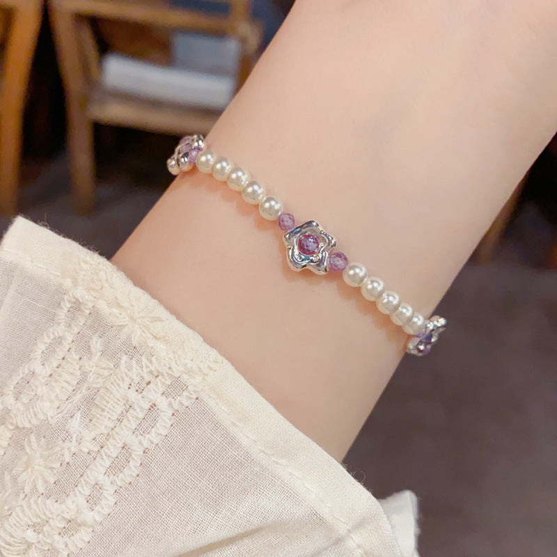 Handmade Purple Floral Glass Bead Bracelet – Elegant Design
