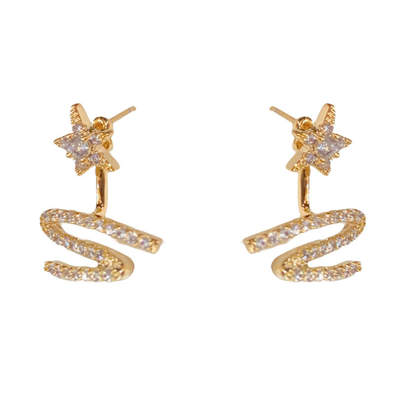 Gold 2‑Way Star Ribbon Earrings – Zircon Drop & Stud for Women