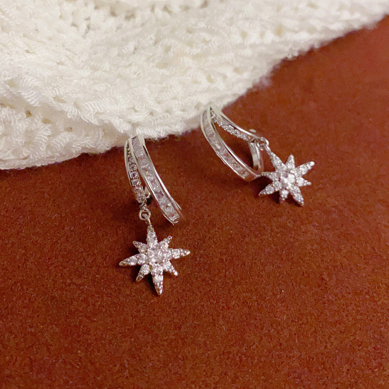 14K Gold Full Zircon Eight-Pointed Star Drop Earrings – Chic Design