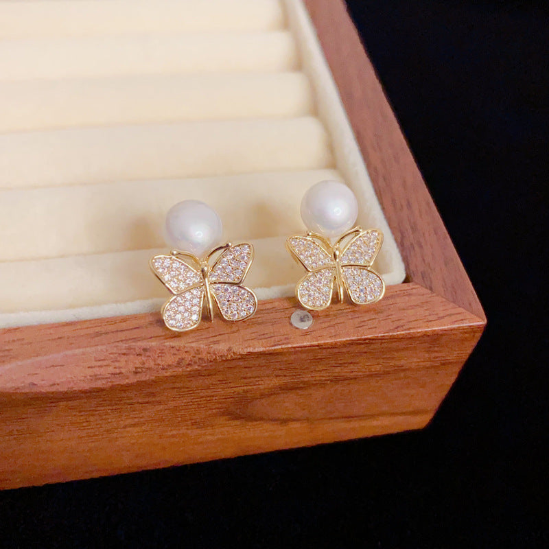 Eaioncol Butterfly Pearl CZ Stud Earrings Gold