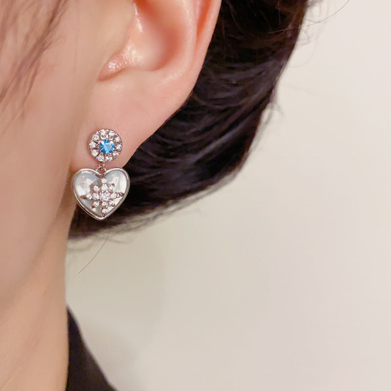 14K Gold Zircon Star & Mother-of-Pearl Heart Earrings – Elegant Design