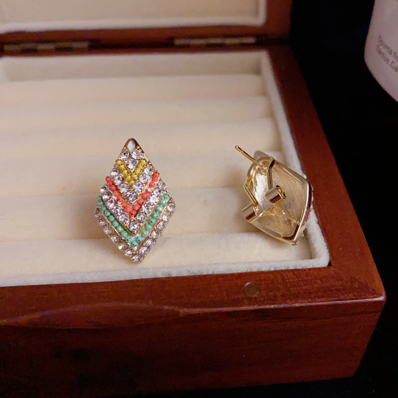 14K Gold-Plated Full Zircon Rhombus Stud Earrings – Geometric Design