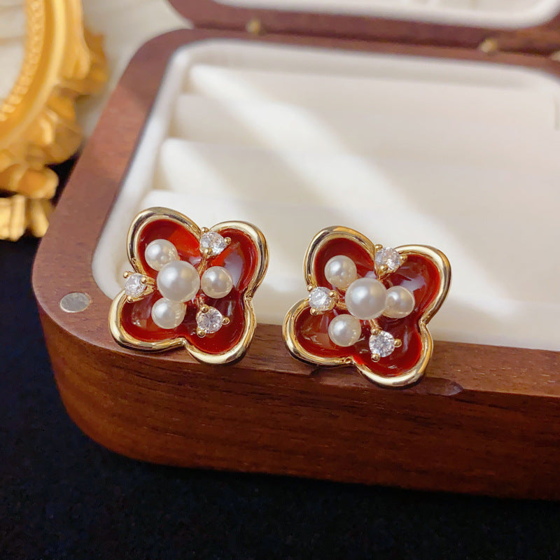 Elegant Red Enamel Pearl Petal Stud Earrings – Floral Design