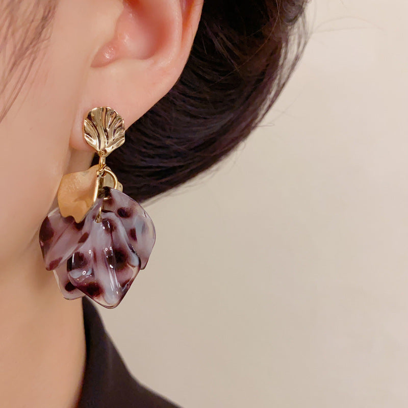 Luxury Leopard Metal Petal Tassel Drop Earrings – French Retro Design