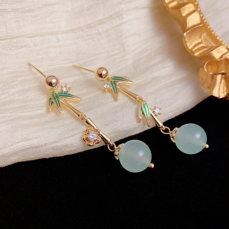 Luxury Zircon Metal Bamboo Leaf Drop Earrings – Elegant Design