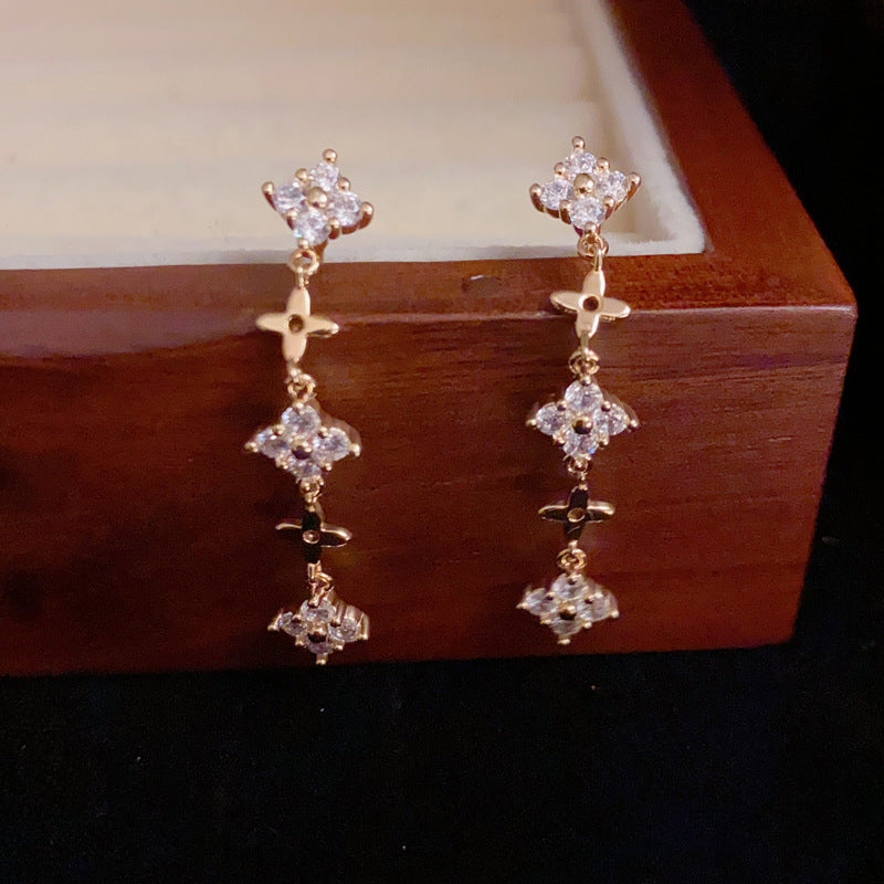 14K Gold Full Zircon Star Tassel Drop Earrings - Chic Elegance Design