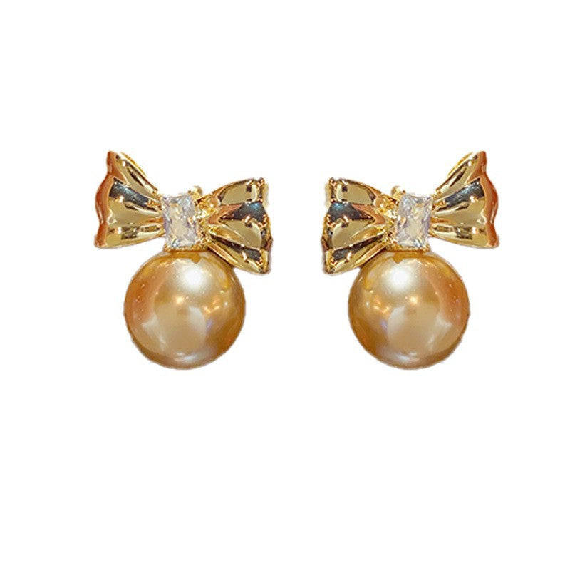 14K Gold-Plated Metal Bowknot Pearl Stud Earrings - Elegant Design