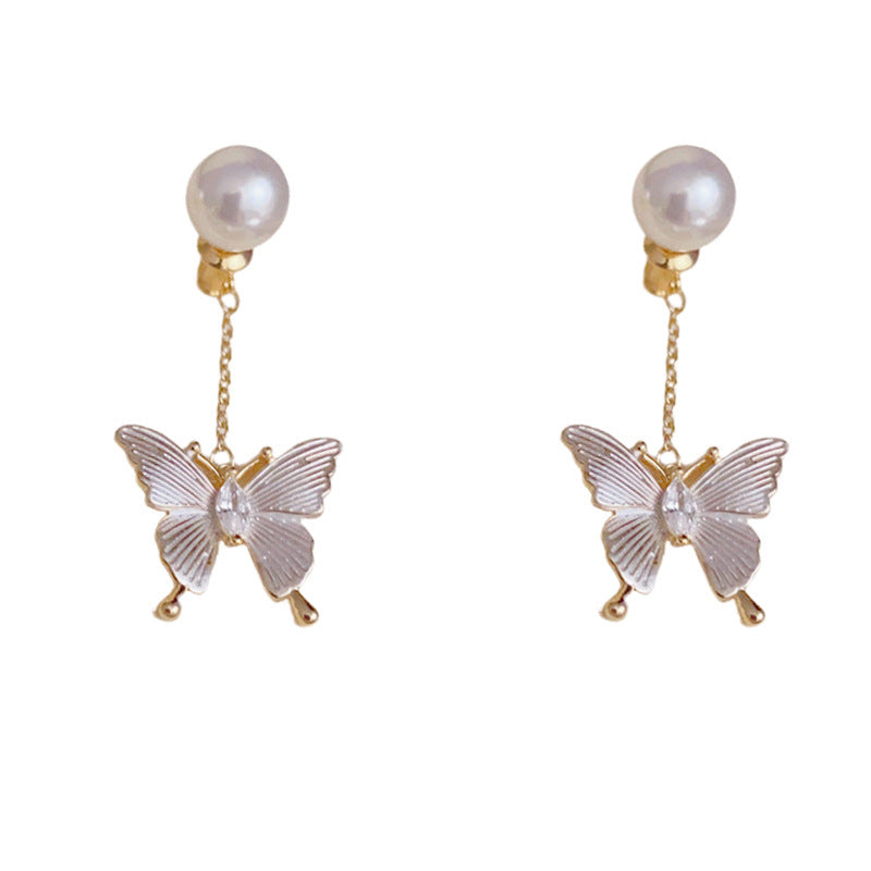 Pearl & Butterfly Tassel Front-Back Drop Earrings – S925 Silver Needle