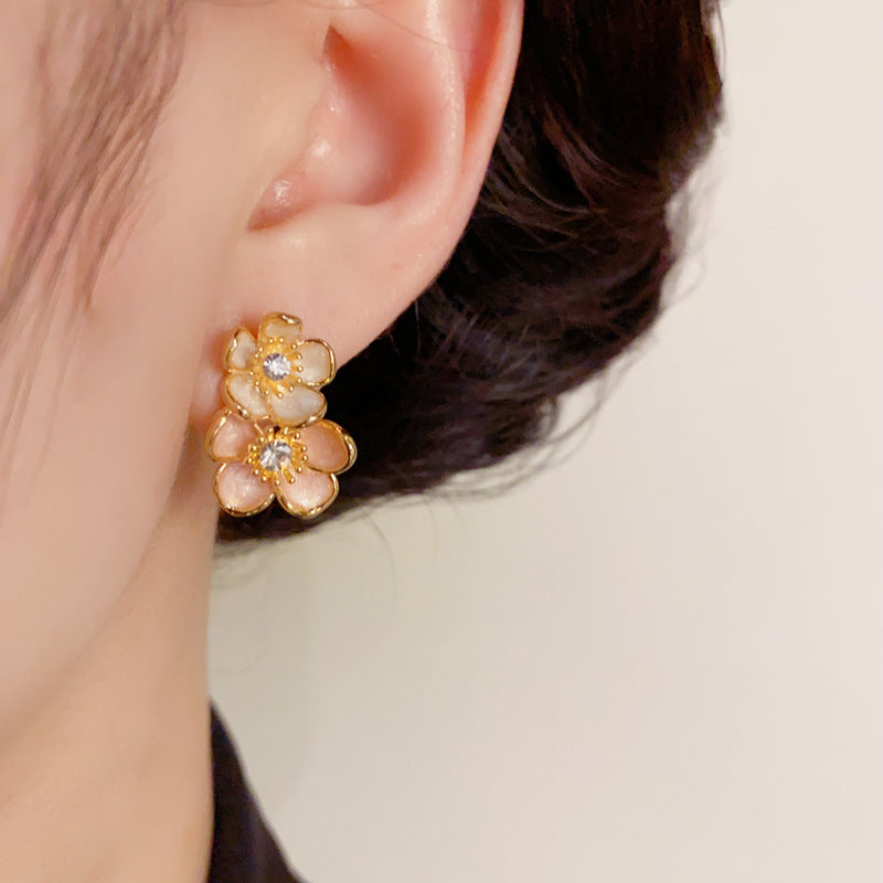 14K Gold Pink Enamel Double Petal Stud Earrings – Elegant Design