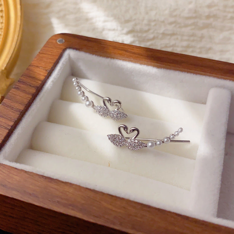Luxury Zircon Swan Linear Ear Climber Earrings – Animal Design
