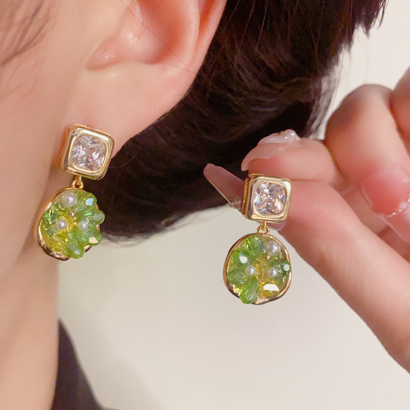 Minimalist Green Crystal Geo Tassel Drop Earrings – S925 Silver Needle