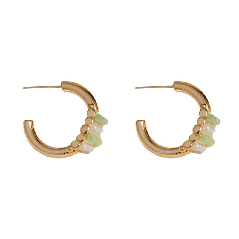 14K Gold Green Bead & Pearl C-Shaped Hoop Earrings – Statement Jewelry