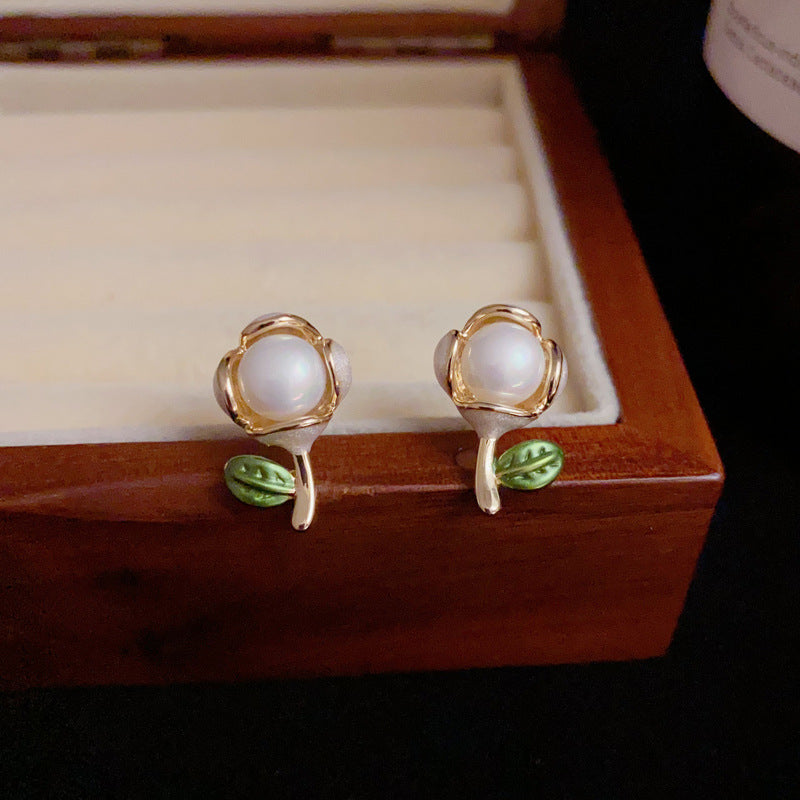 14K Gold Plated Enamel Pearl Bouquet Stud Earrings – Elegant Design