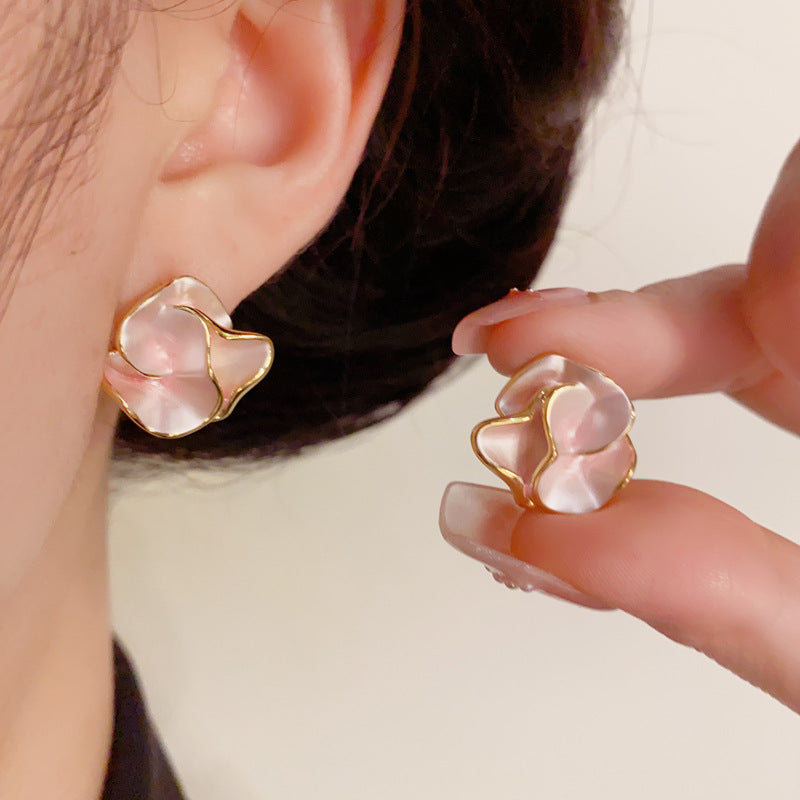 14K Gold French-Style Pink Camellia Stud Earrings – Elegant Design