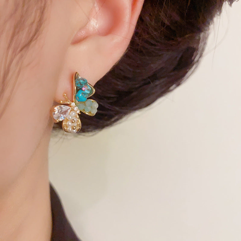 14K Gold Minimalist Blue Pearl & Butterfly Earrings–S925 Silver Needle