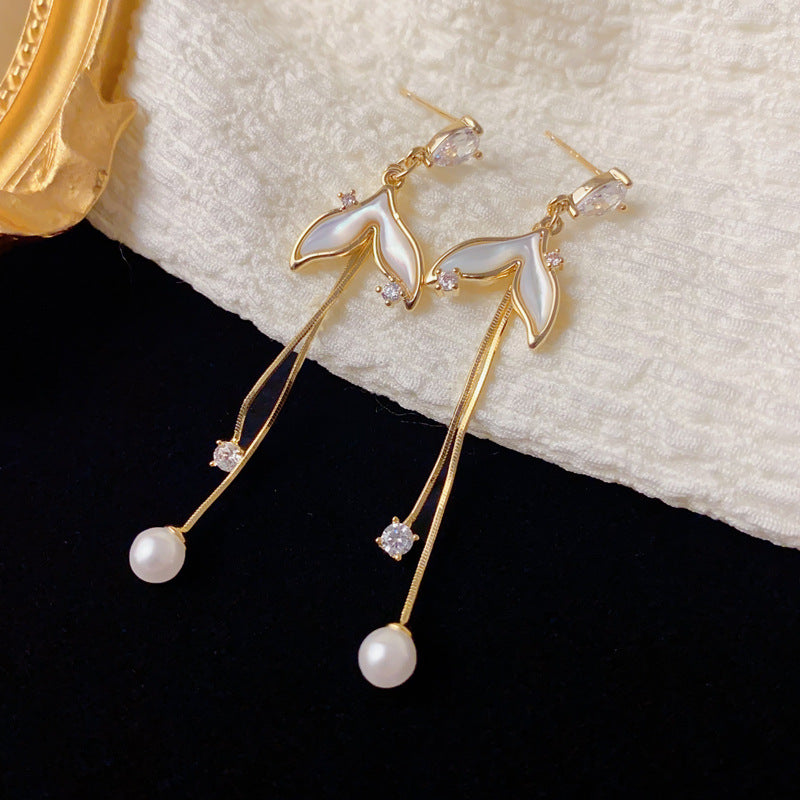 Elegant Pearl Fishtail Long Tassel Earrings – Geometric Design