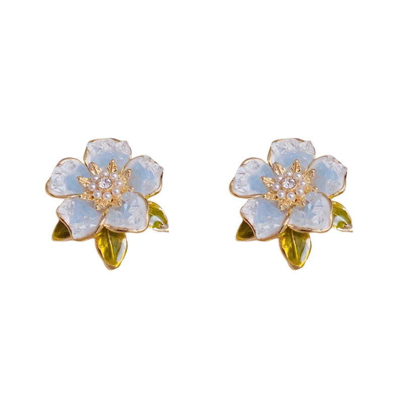14K Gold Crystal Camellia Stud Earrings – S925 Silver Needle