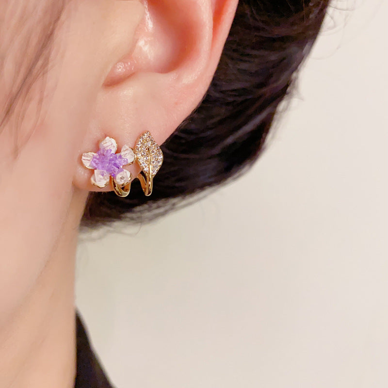 14K Gold-Plated Floral Zircon Leaf Stud Earrings–Elegant Nature Design