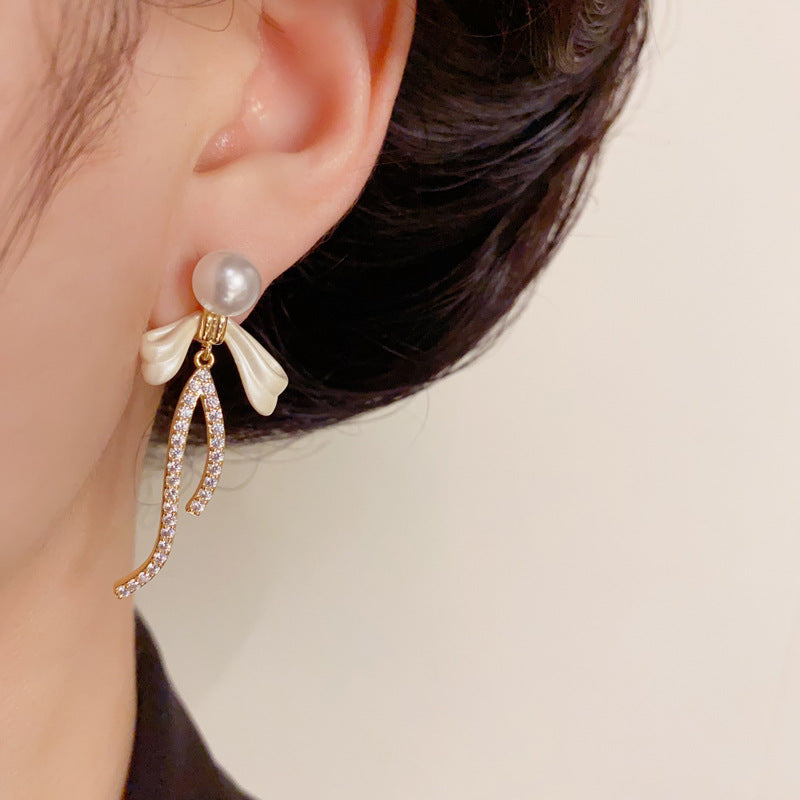 14K Gold-Plated Pearl Bow Drop Earrings – Elegant Feminine Style