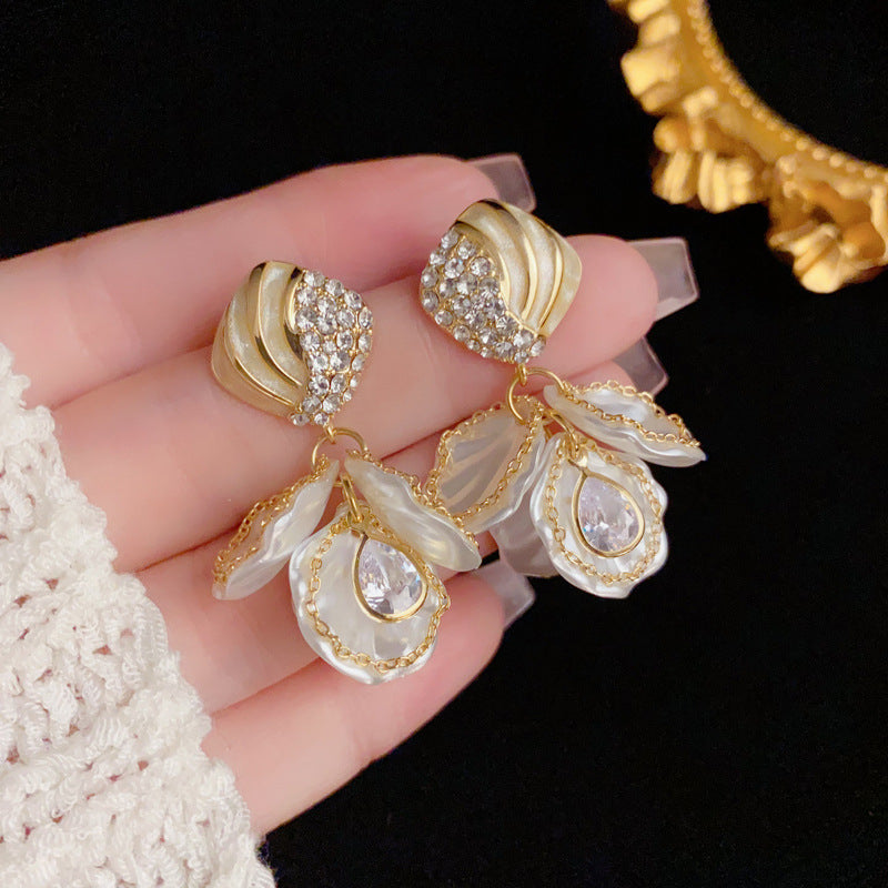 Luxury Zircon Diamond & White Petal Drop Gold Earrings – Floral Design