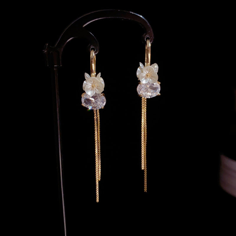 14K Gold-Plated Flower Zircon Long Tassel Ear Cuff - Elegant Design