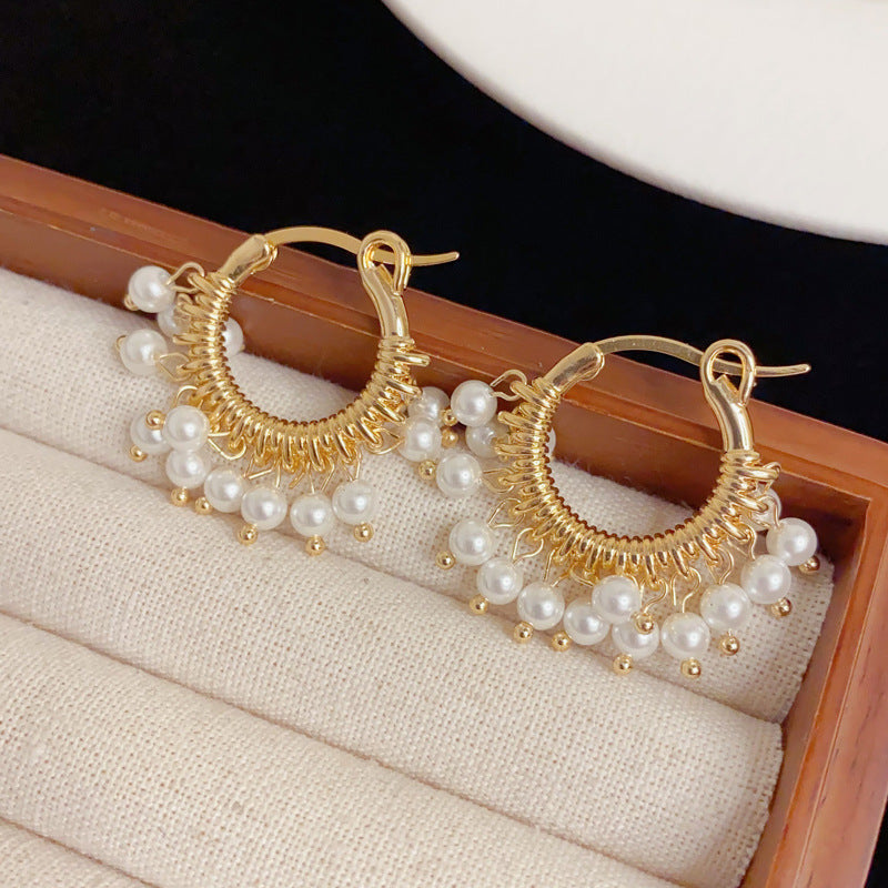 Eaioncol Round Metal Pearl Hoop Earrings Gold