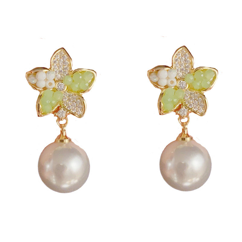 14K Gold-Plated Green Petal Pearl Drop Earrings – Chic Floral Design