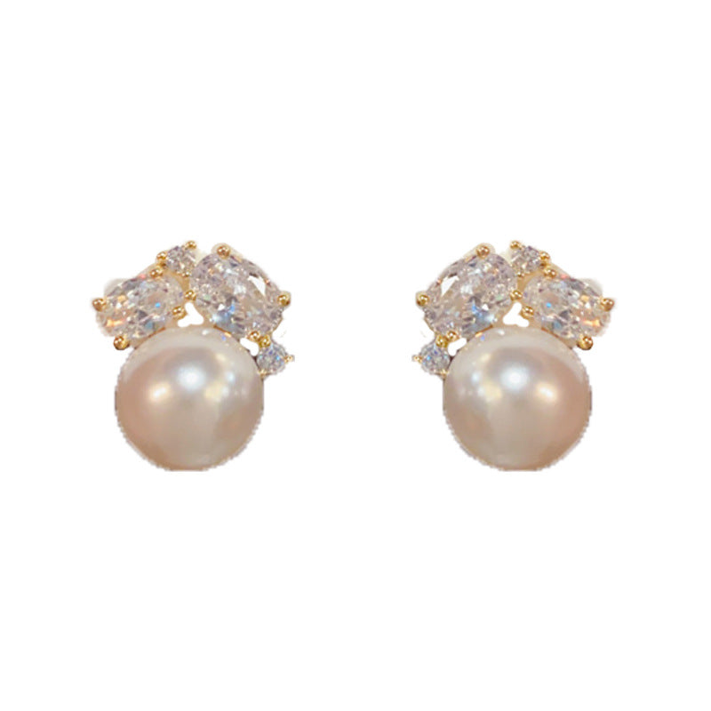 14K Gold Geometric Full-Zircon & Pearl Stud Earrings – French Design