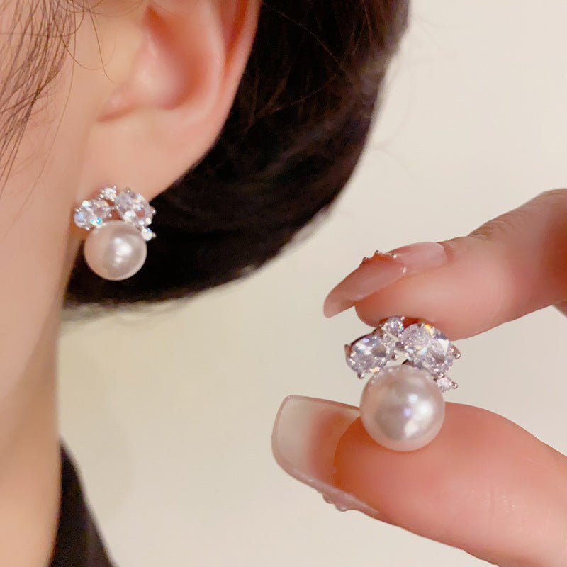 14K Gold Geometric Full-Zircon & Pearl Stud Earrings – French Design