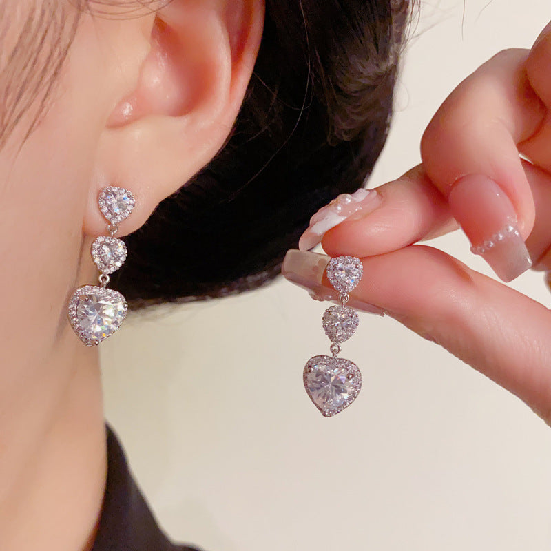 Luxury Full-Zircon Heart Tassel Drop Earrings – Elegant Design