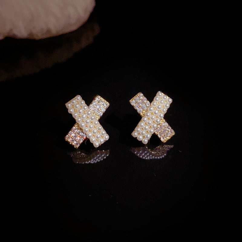 14K Gold-Plated Zircon Cross Pearl Stud Earrings – Elegant Design