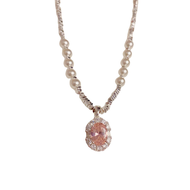 Pink Zircon Pendant Pearl Necklace –Dainty Silver-Flecked Beaded Chain