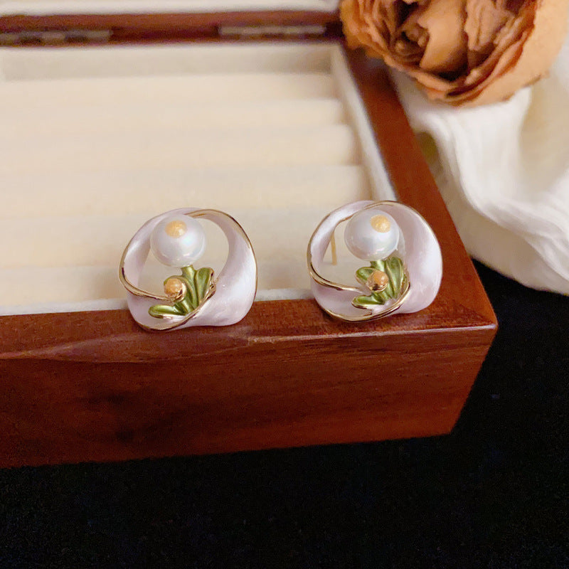 Luxury Enamel & Irregular Pearl Flower Earrings – Floral Design