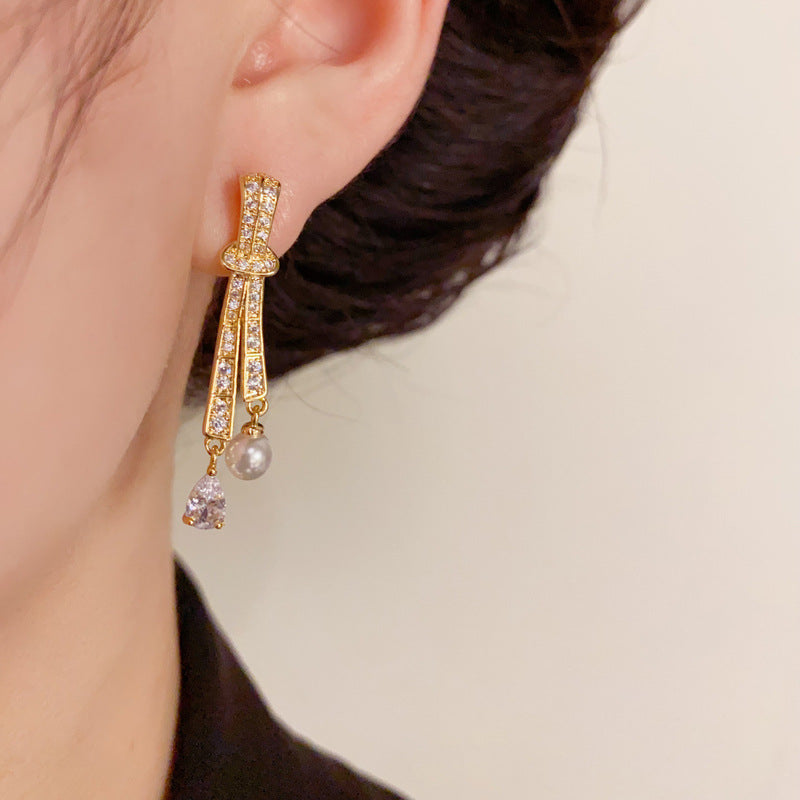 14K Gold Full Zircon Knot Teardrop Drop Earrings - Chic Elegant Design