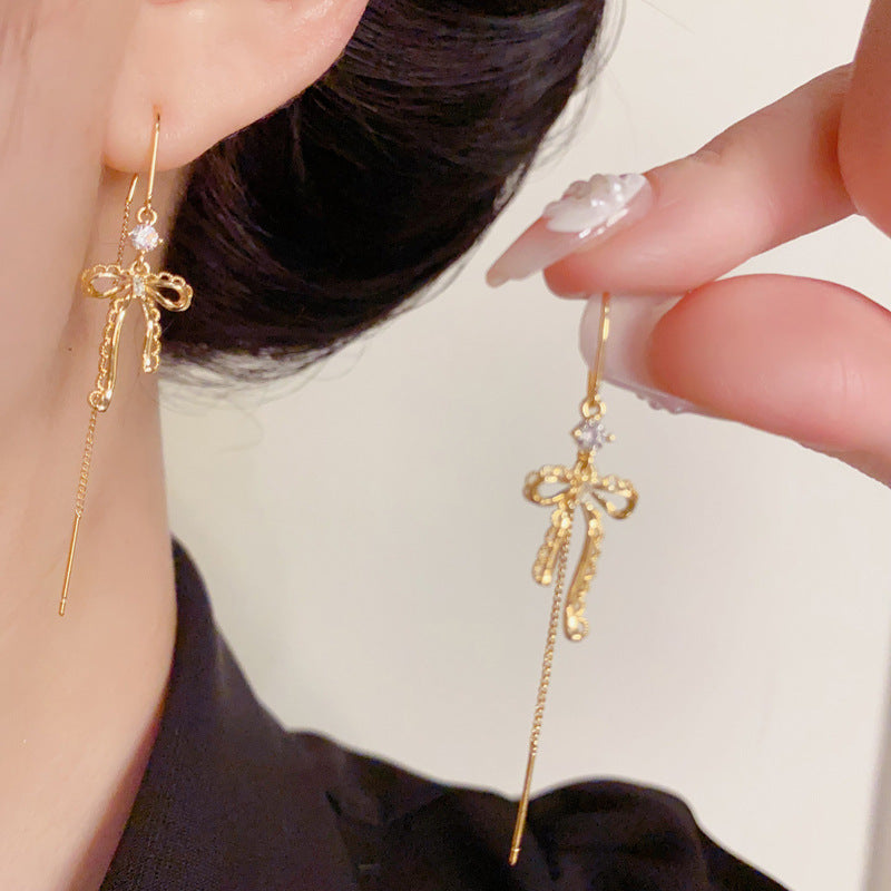 Luxury Metal Lace Bow Threader Earrings – Elegant Design