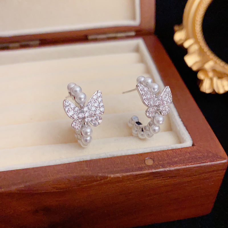 Luxury Zircon Butterfly & Pearl C-Shaped Hoop Earrings– Elegant Design