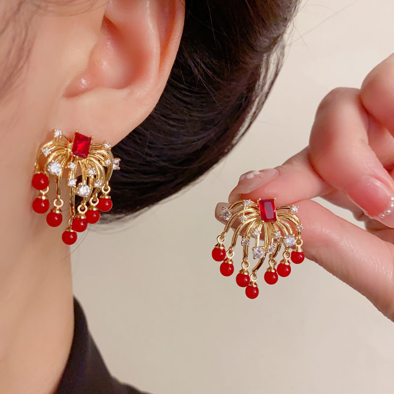Luxury Zircon Firework Pearl Tassel Drop Earrings – Retro Design