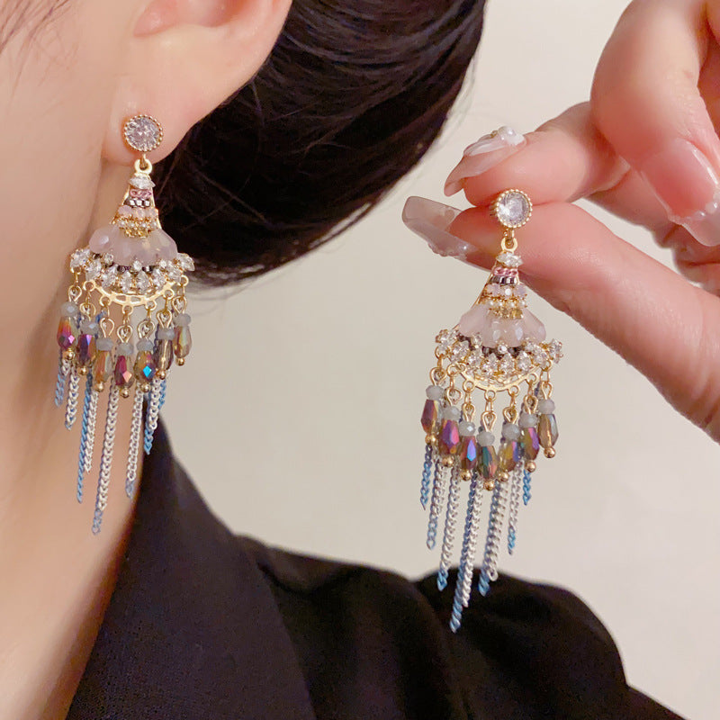 Luxury Geometric Beaded Tassel Drop Earrings – Elegant Design