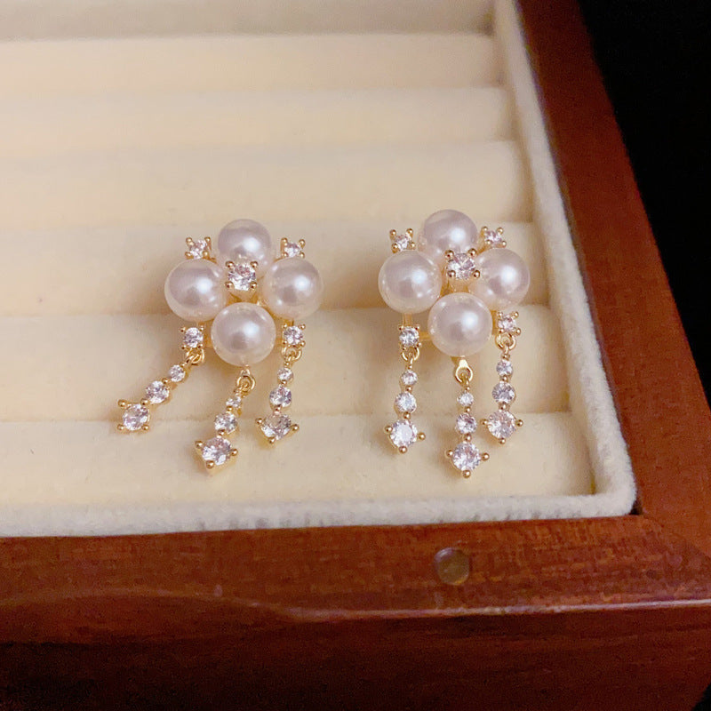 14K Gold-Plated Pearl Clover Tassel Earrings - Elegant & Chic Design