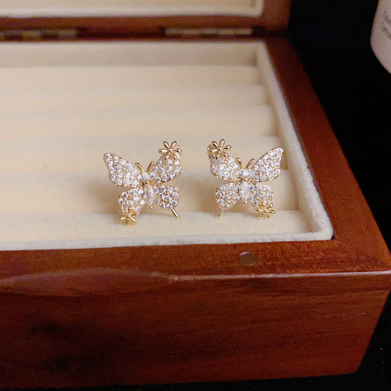 14K Gold-Plated Full Zircon Butterfly Stud Earrings – Elegant Sparkle
