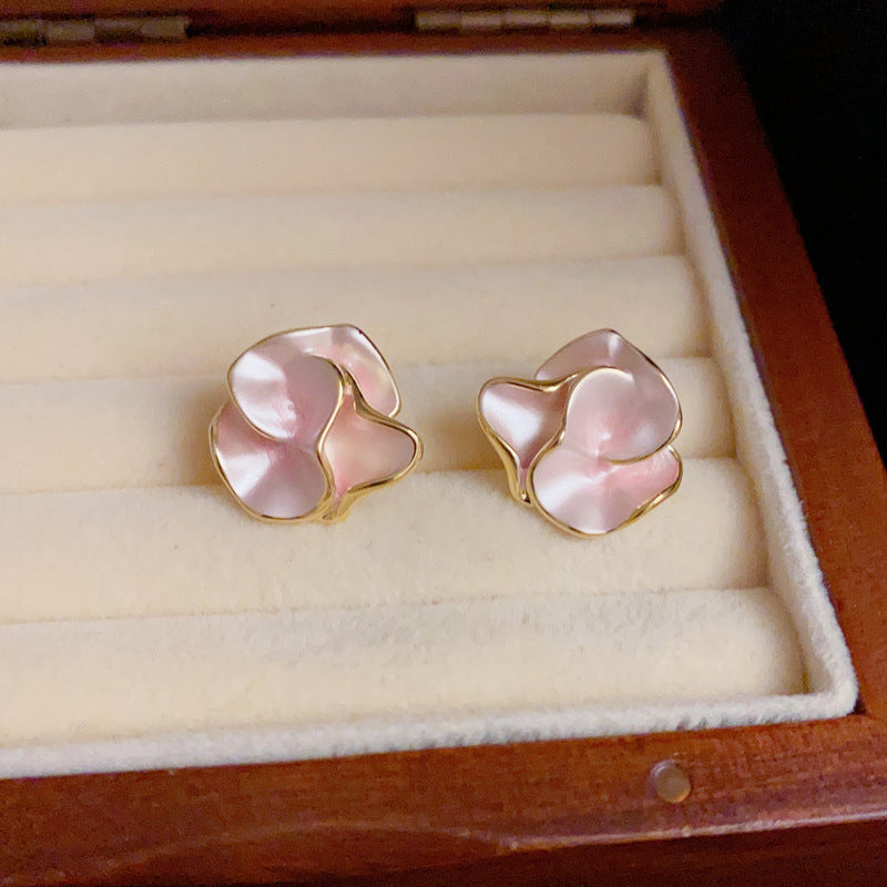 14K Gold French-Style Pink Camellia Stud Earrings – Elegant Design