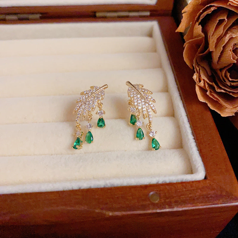 Zircon Leaf & Green Droplet Tassel Drop Gold Earrings – Elegant Design