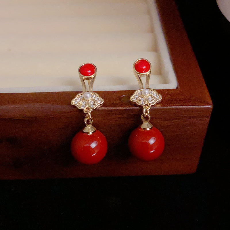 14K Gold-Plated Zircon Red Pearl Lucky Lock Earrings-Minimalist Design