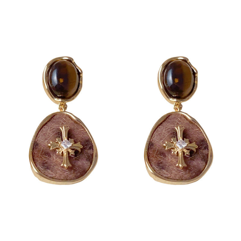 Elegant Tiger’s Eye Leopard Geometric Drop Earrings – French Design
